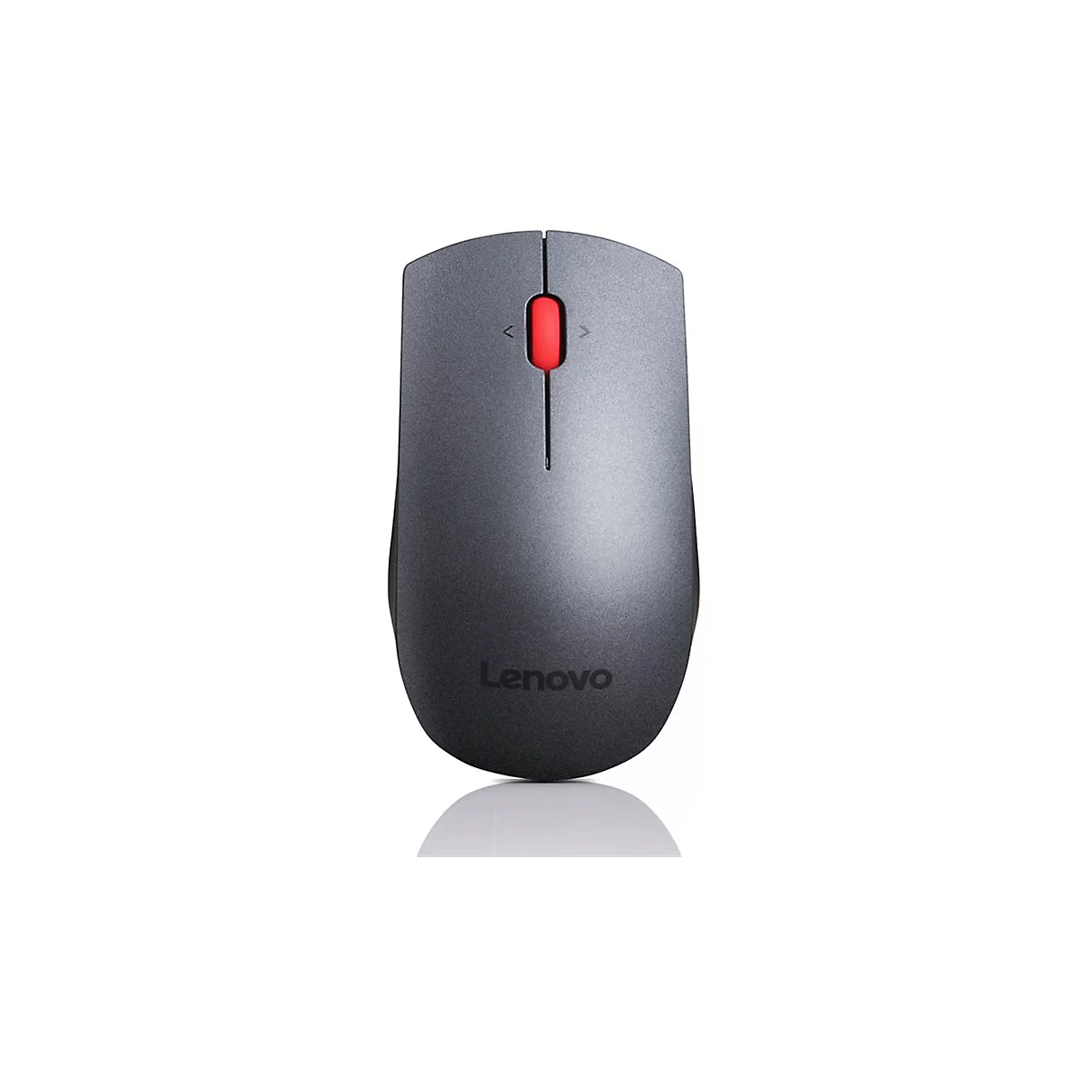 Souris Lenovo sans fil, grise avec molette rouge. Logo Lenovo en bas à droite.