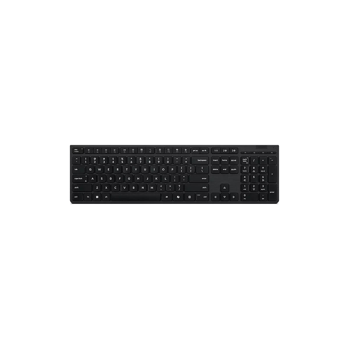 Schwarze Lenovo-Tastatur mit QWERTZ-Layout. Die Tasten sind beschriftet. Im Hintergrund ist weiß.