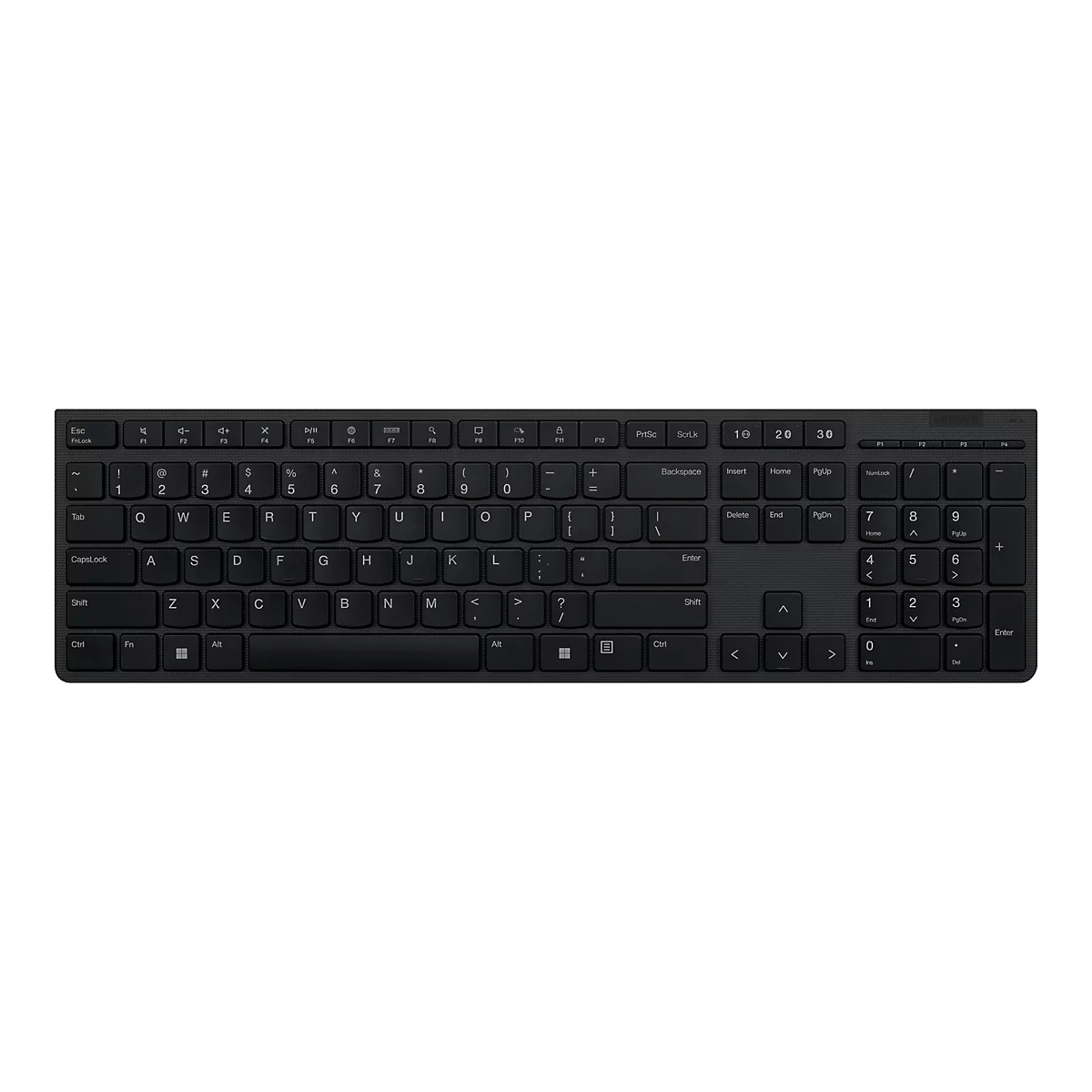Schwarze, flache Lenovo Computertastatur mit Nummernblock und Multimedia-Tasten vor weißem Hintergrund.