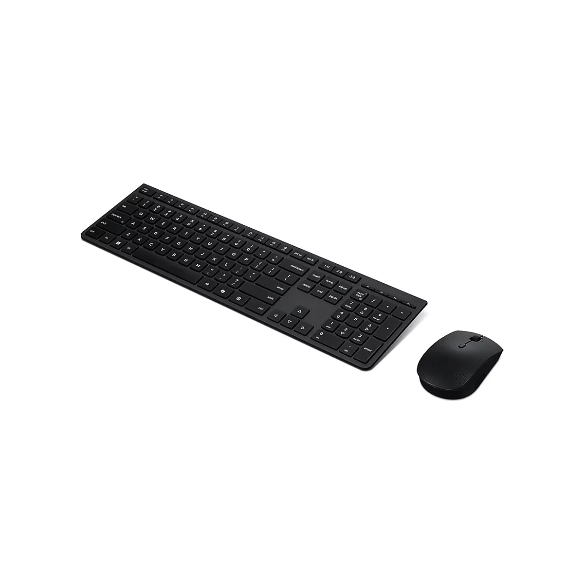 Schwarzes drahtloses Tastatur- und Maus-Set auf weißem Hintergrund.