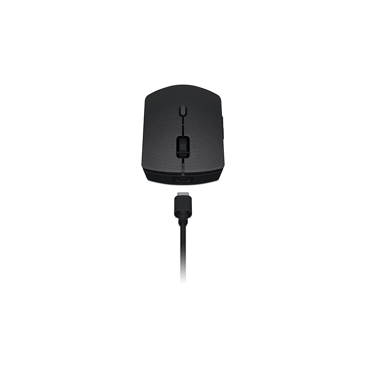 Drahtlose schwarze Maus mit USB-C-Kabel, Ansicht von oben, auf weißem Hintergrund.