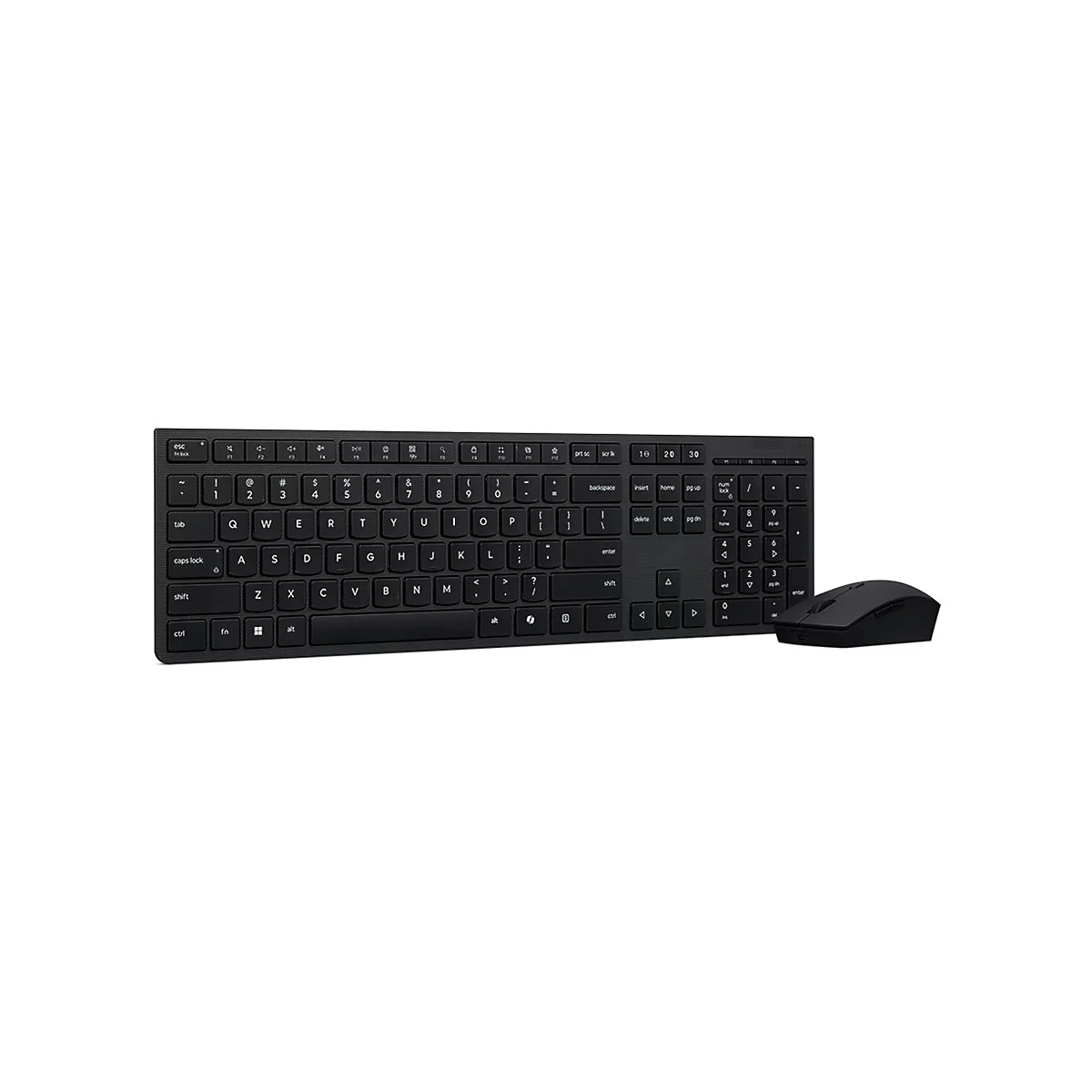 Clavier et souris noirs sur fond blanc. Le clavier a une forme plate et les touches sont marquées. La souris est à côté du clavier.