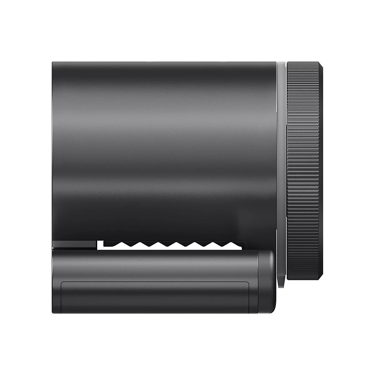 Vue latérale d'un objet cylindrique noir. Dessus lisse, bord dentelé en dessous, bouton rotatif moleté à droite.