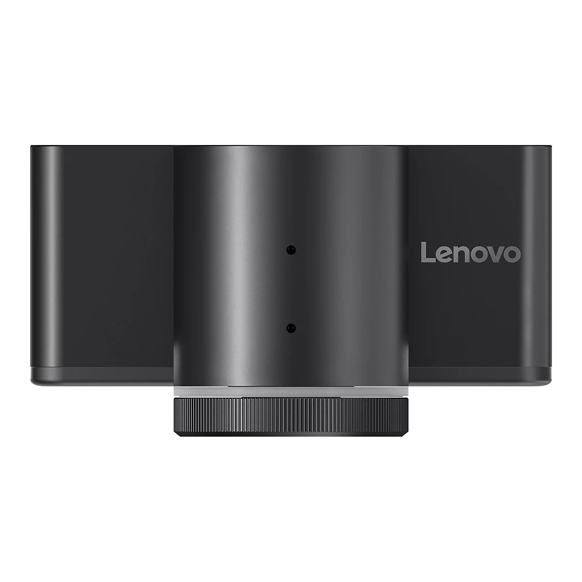 Vue de dessus d'une webcam Lenovo noire. L'objectif et le logo Lenovo sont reconnaissables.