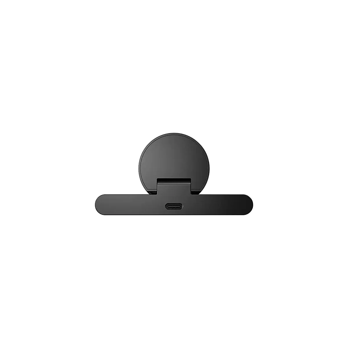 Objet circulaire noir avec base rectangulaire et port USB-C. L'objet est sur fond blanc.