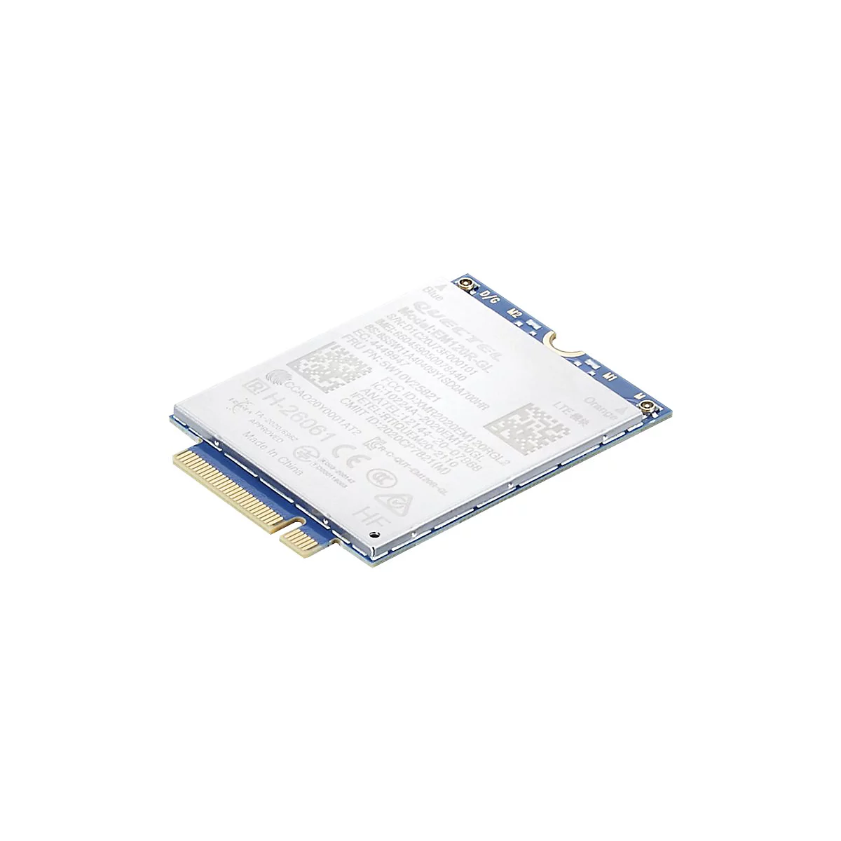 Quectel EM120R-GL LTE-Modul auf blauer Platine mit silbernem Gehäuse, weißer Beschriftung und Anschlüssen.