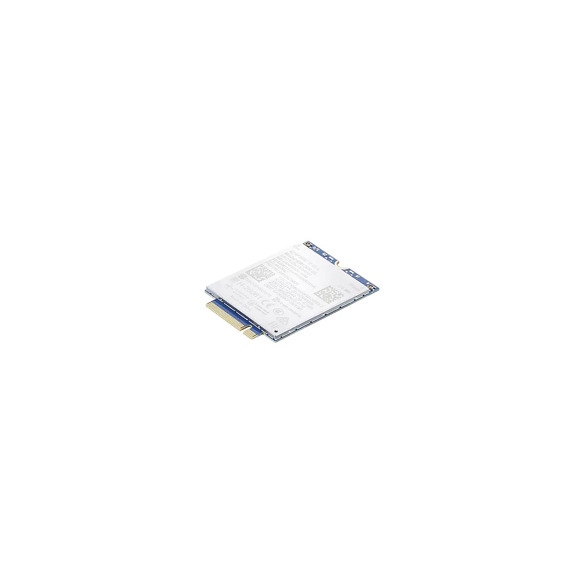 Quectel LTE-Modul mit silberner Metallabdeckung auf einer blauen Leiterplatte vor weißem Hintergrund.