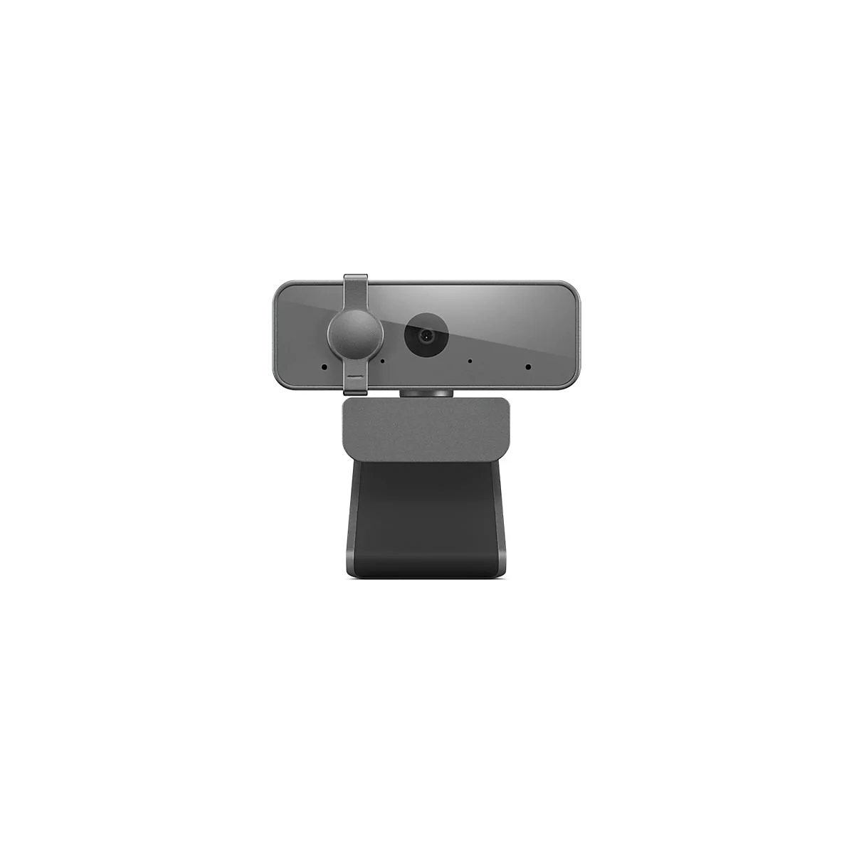Graue Webcam mit Abdeckung vor dem Objektiv auf einem Monitorständer, isoliert auf weißem Hintergrund.