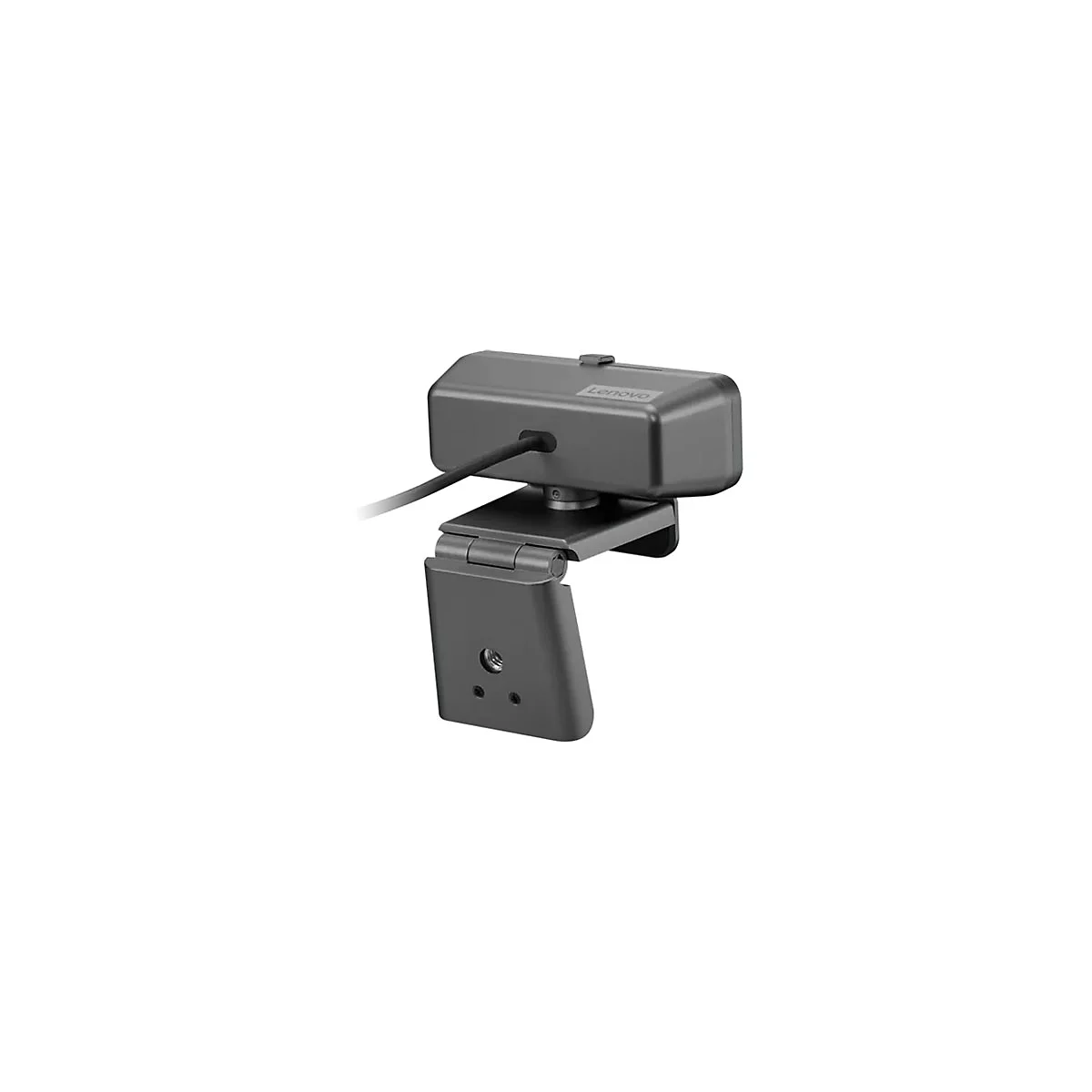 Graue Lenovo Webcam auf einem verstellbaren Standfuß vor weißem Hintergrund.