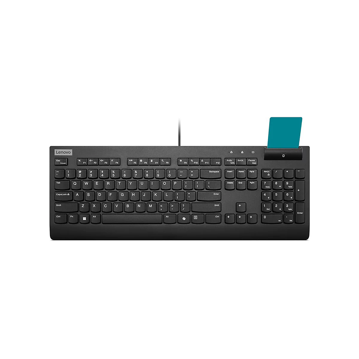 Schwarze Lenovo Tastatur mit Nummernblock und einem blauen Kartenhalter.