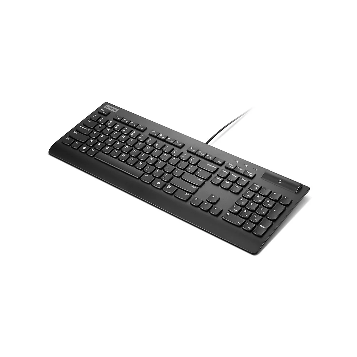 Schwarze Lenovo-Tastatur auf weißem Hintergrund. Die Tastatur hat ein klassisches Layout mit alphanumerischen Tasten und einem Ziffernblock.