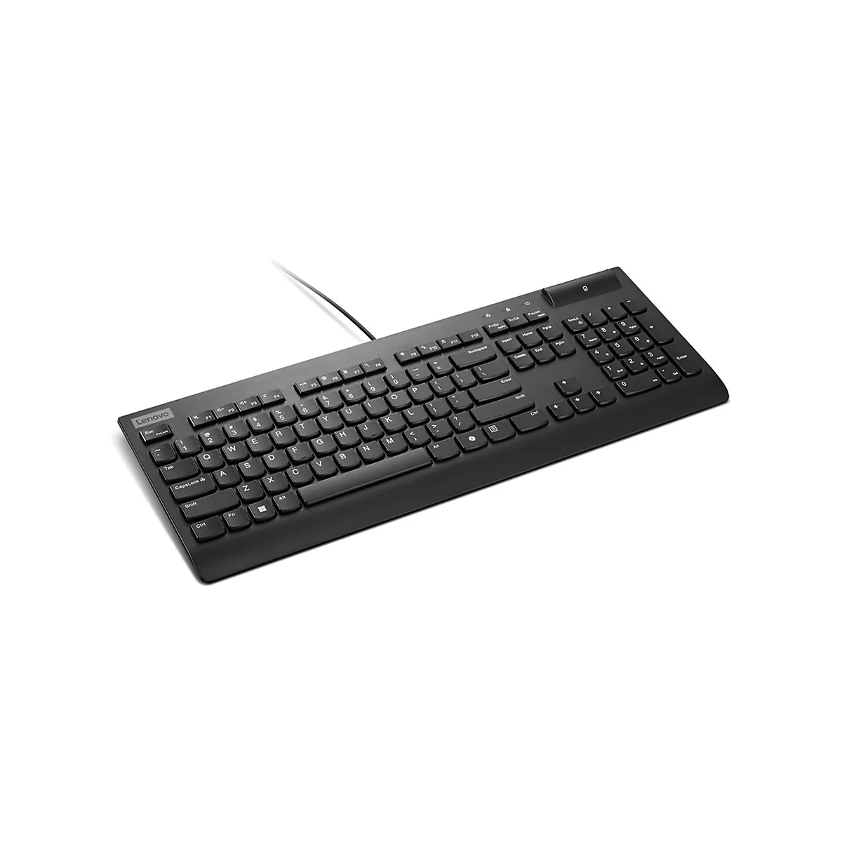 Schwarze Lenovo Tastatur mit Kabel auf weißem Hintergrund.