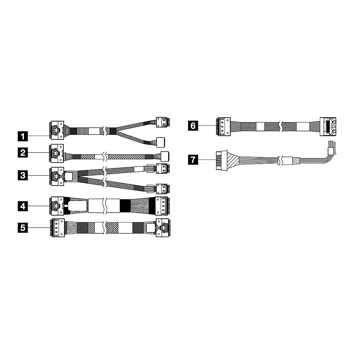 Mehrere Computer-Kabel, nummeriert von 1 bis 7, auf weißem Hintergrund.