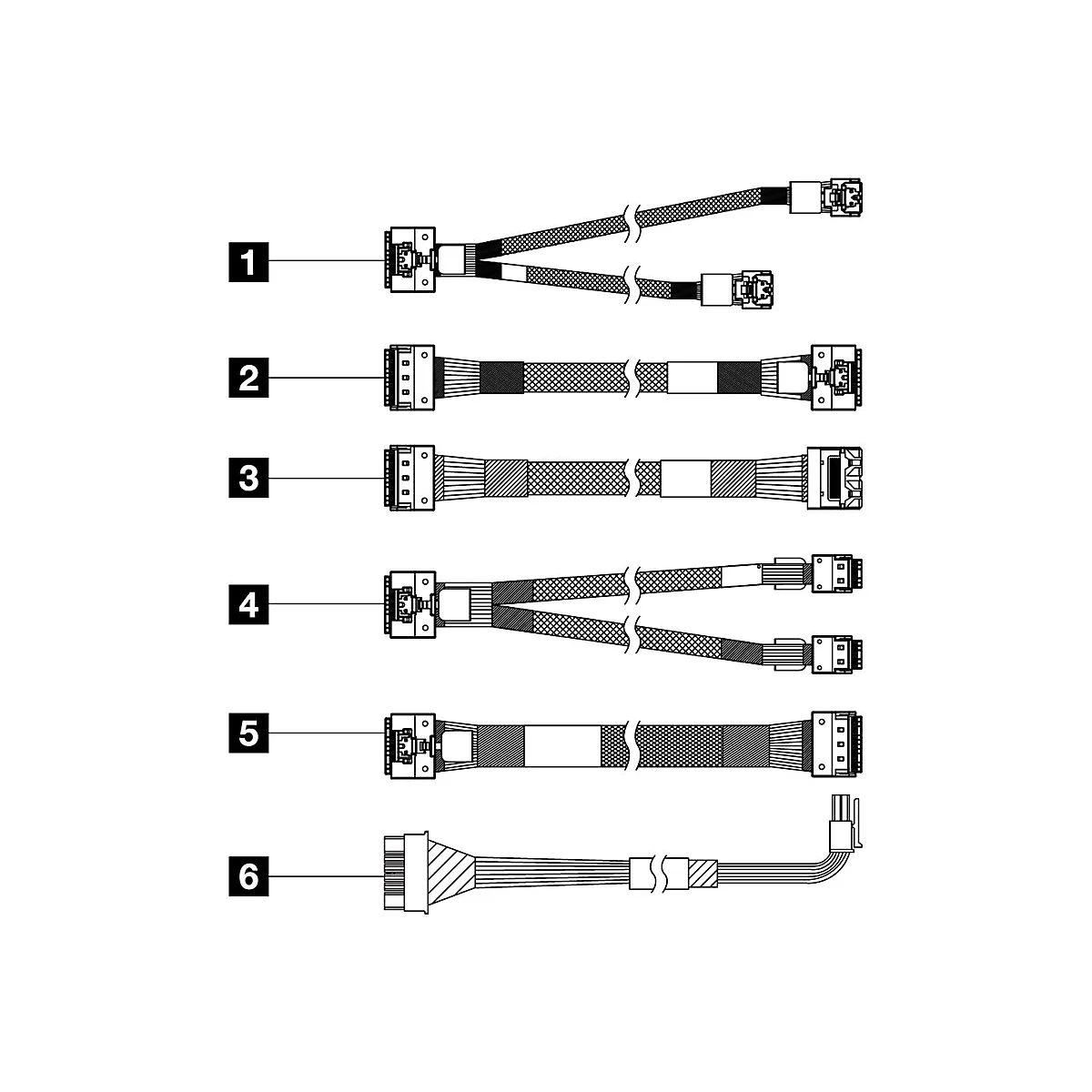 Verschiedene Kabel mit Steckern, Diagramm mit Nummerierung auf weißem Hintergrund.