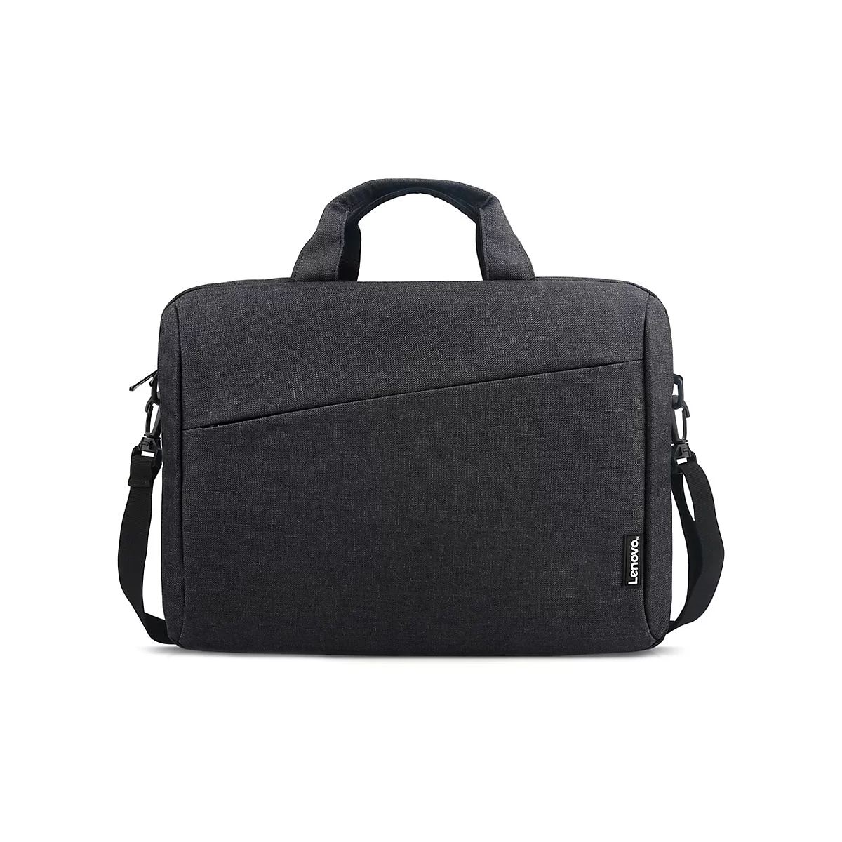 Sac d'ordinateur portable gris foncé avec poignée et bandoulière. Le sac indique "Lenovo".