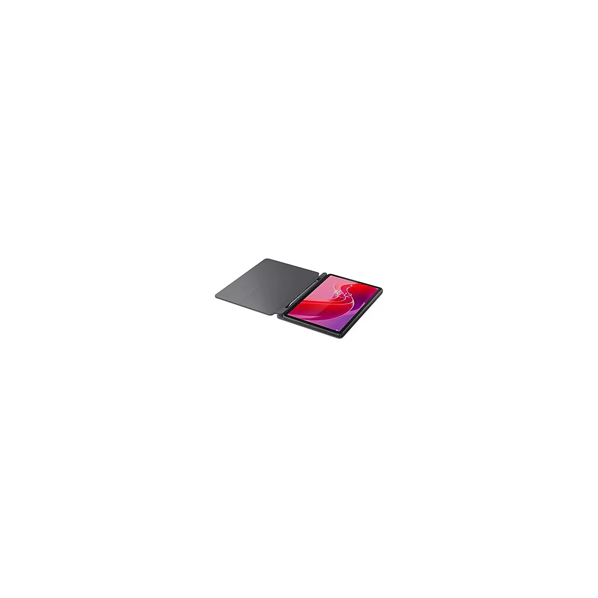 Ein Tablet mit Schutzhülle und Stift. Das Display zeigt eine rote Oberfläche mit der Uhrzeit.