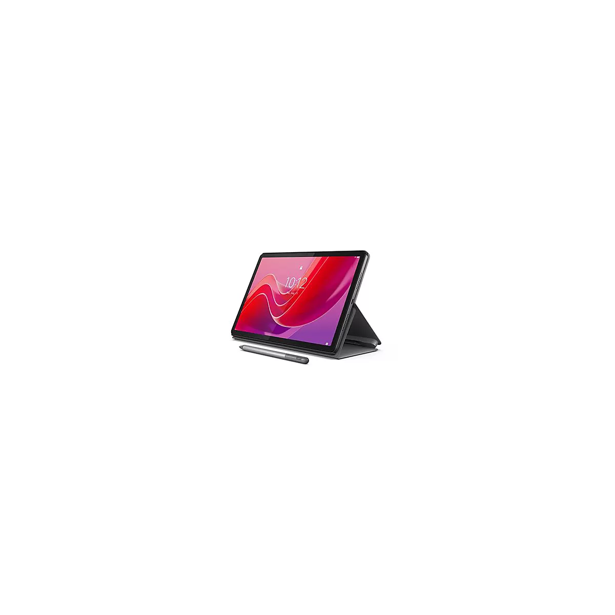 Ein Tablet-PC mit rotem und violettem Bildschirm, Stift, und schwarzer Hülle auf weißem Hintergrund.
