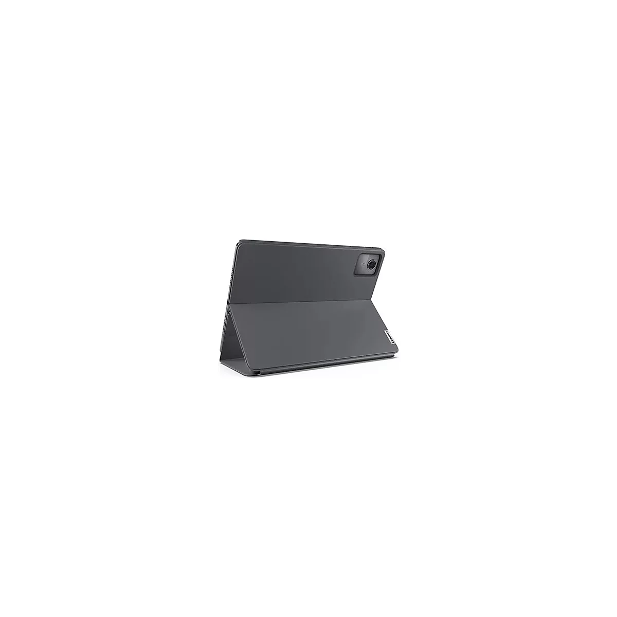 Dunkelgraues Tablet mit aufgestelltem Cover; Kamerabereich sichtbar, Lenovo-Logo unten.