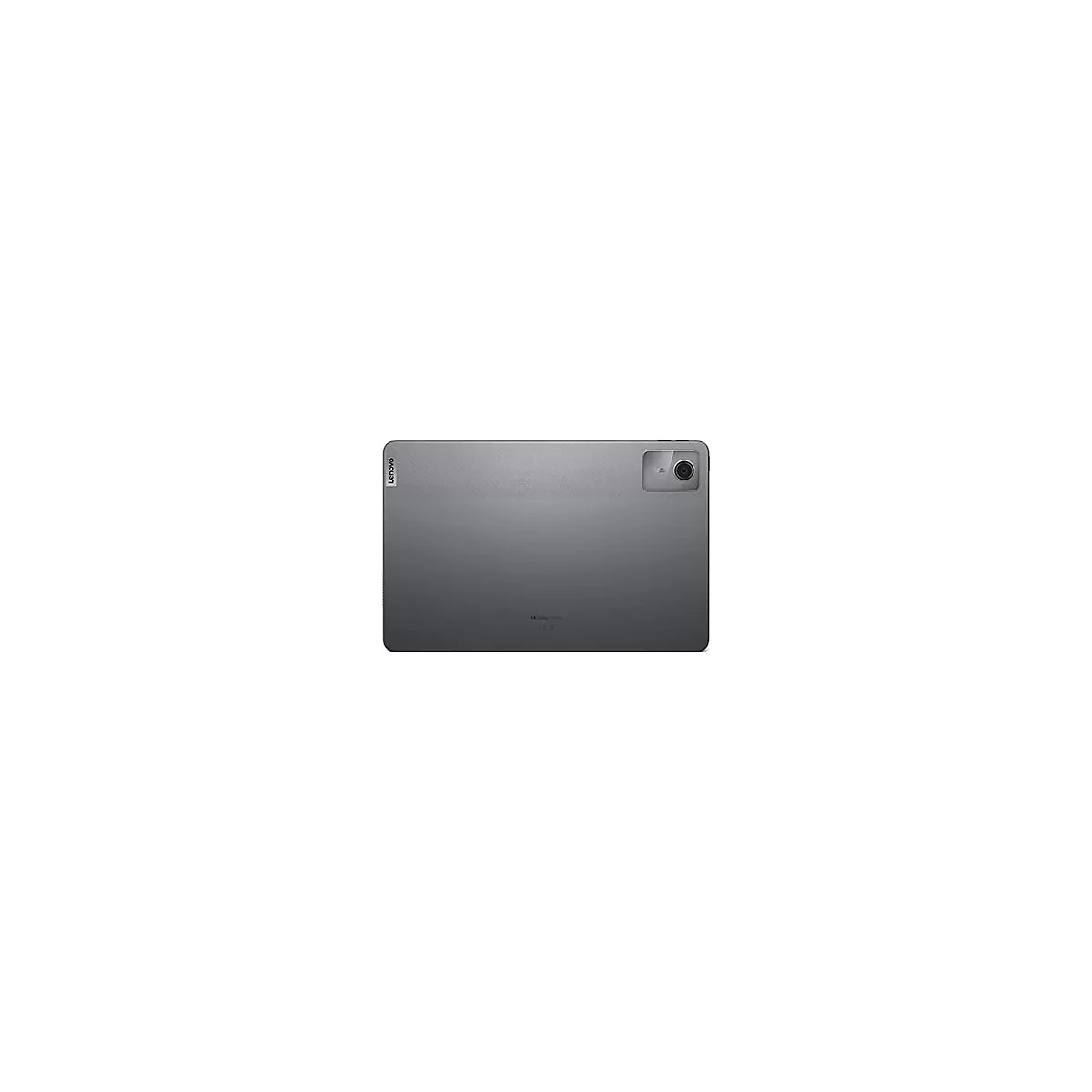 Dunkelgraues Tablet von hinten. Auf der oberen rechten Ecke befindet sich eine Kamera. Das Lenovo-Logo ist oben links.