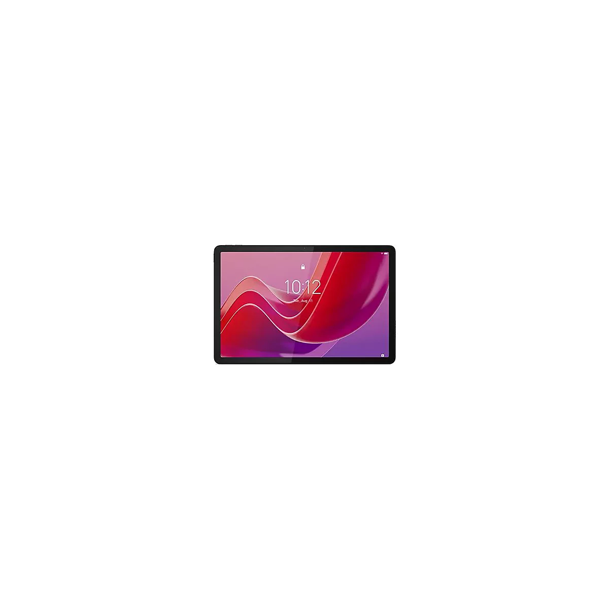 Schwarzes Tablet mit digitaler Uhrzeit 10:12, Tag 11. August. Bildschirmoberfläche in pink und rot gehalten.