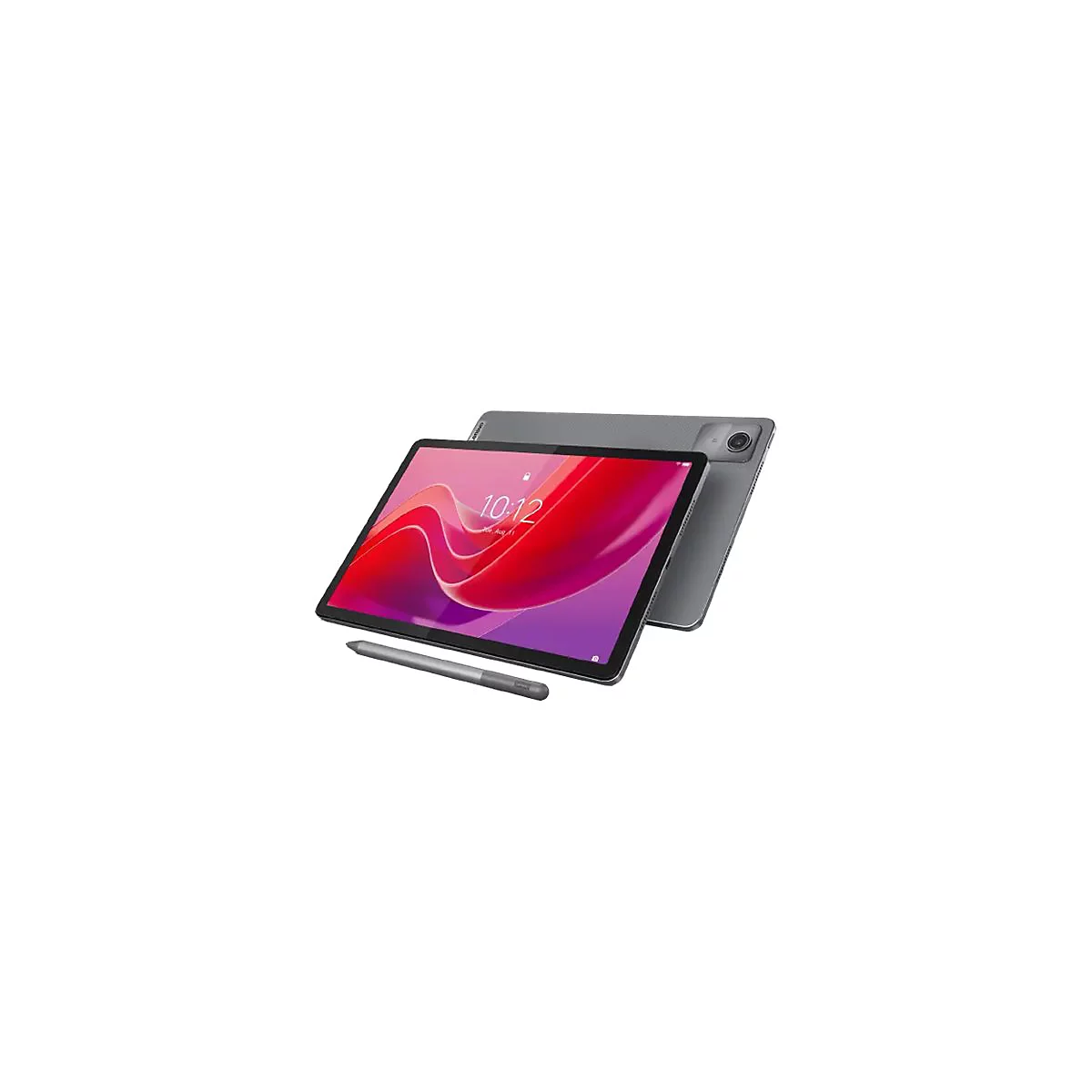 Ein graues Tablet mit Stift, auf dem Bildschirm Uhrzeit und Datum. Im Hintergrund ein zweites Tablet.