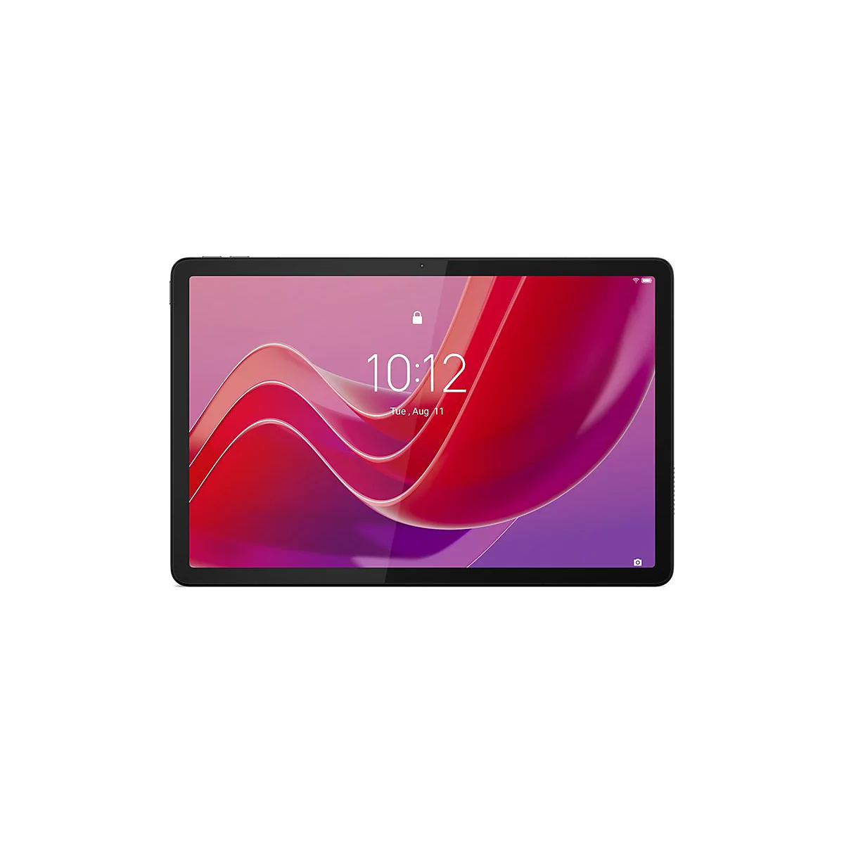 Schwarzes Tablet mit Uhrzeit 10:12 Uhr, Hintergrund mit roten und violetten Wellen.