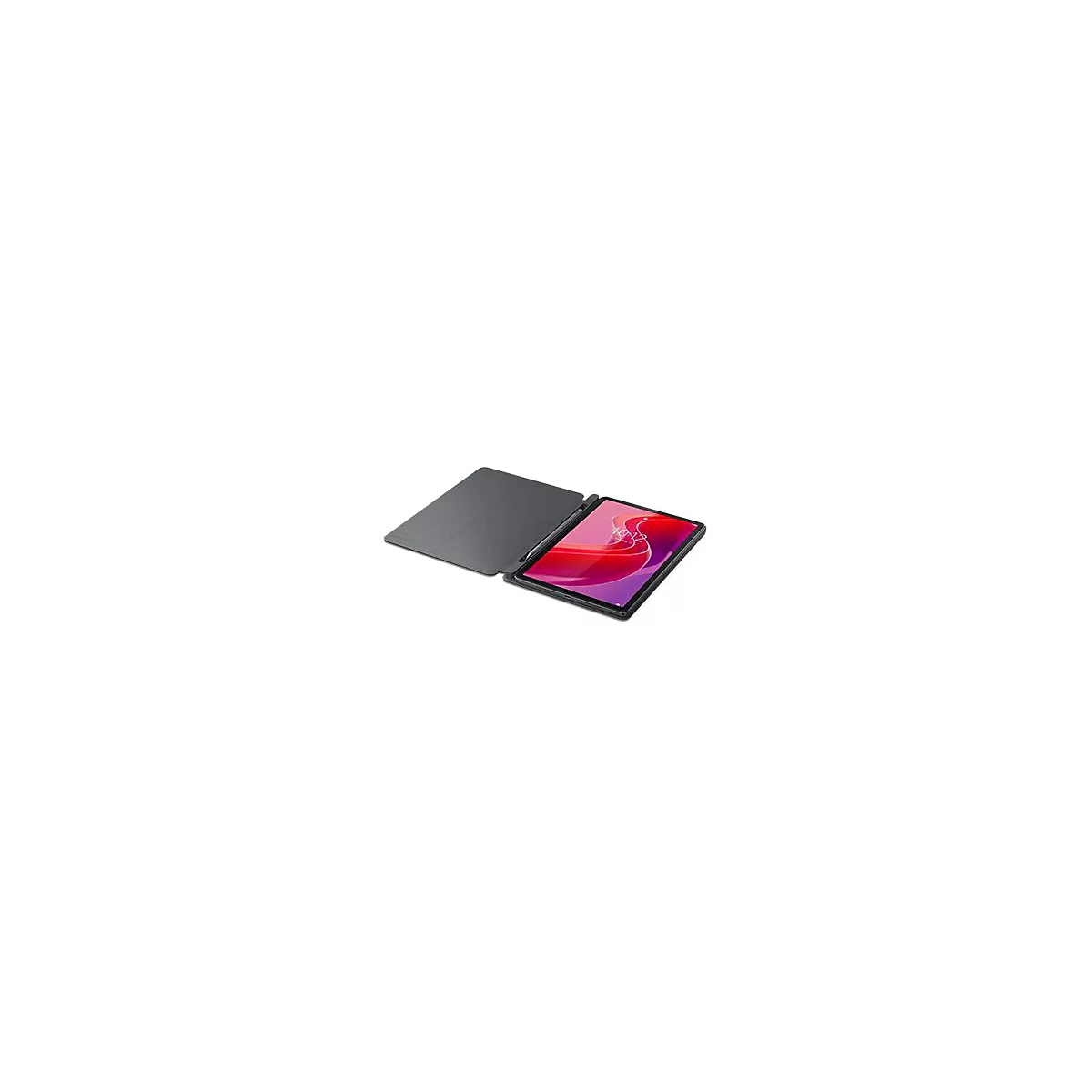 Tablet mit Hülle. Der Bildschirm zeigt rote und violette Wellen, ein Stift ist angedockt.
