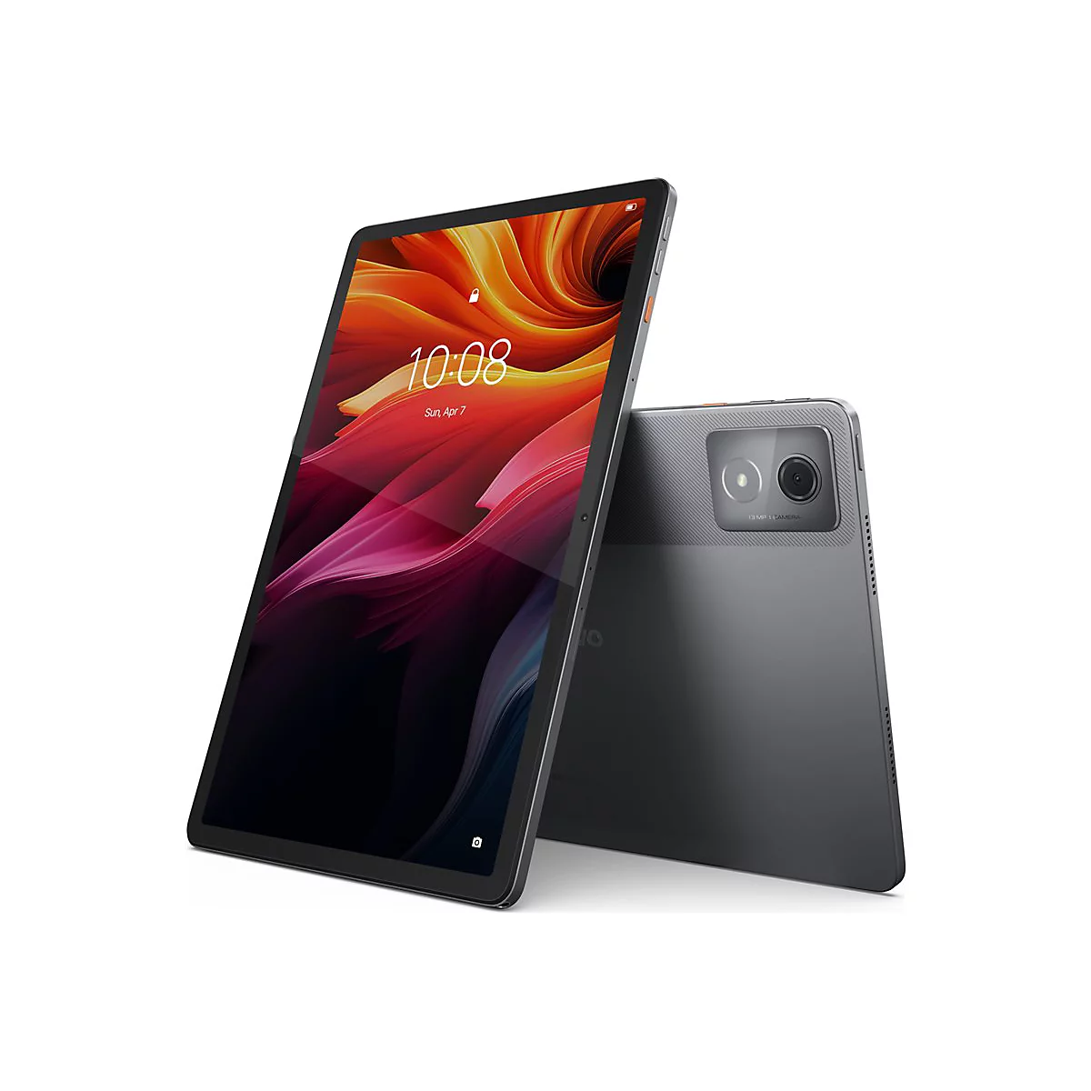 Ein graues Tablet, das vor einem weiÃŸen Hintergrund steht. Auf dem Display Uhrzeit und abstraktes Farbdesign.