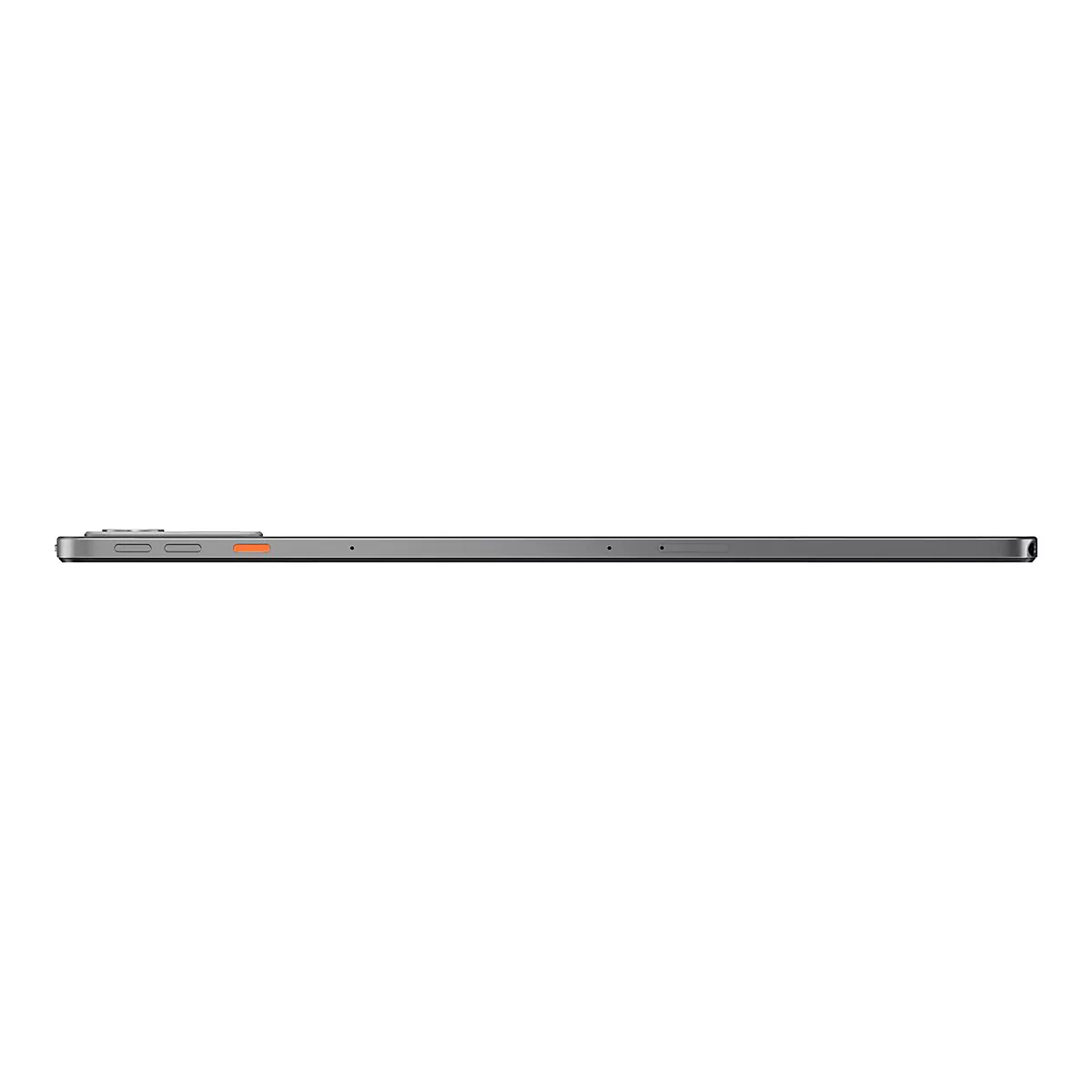 Graues Tablet von der Seite, mit orangefarbenen Akzenten. Es liegt auf weiÃŸem Hintergrund.