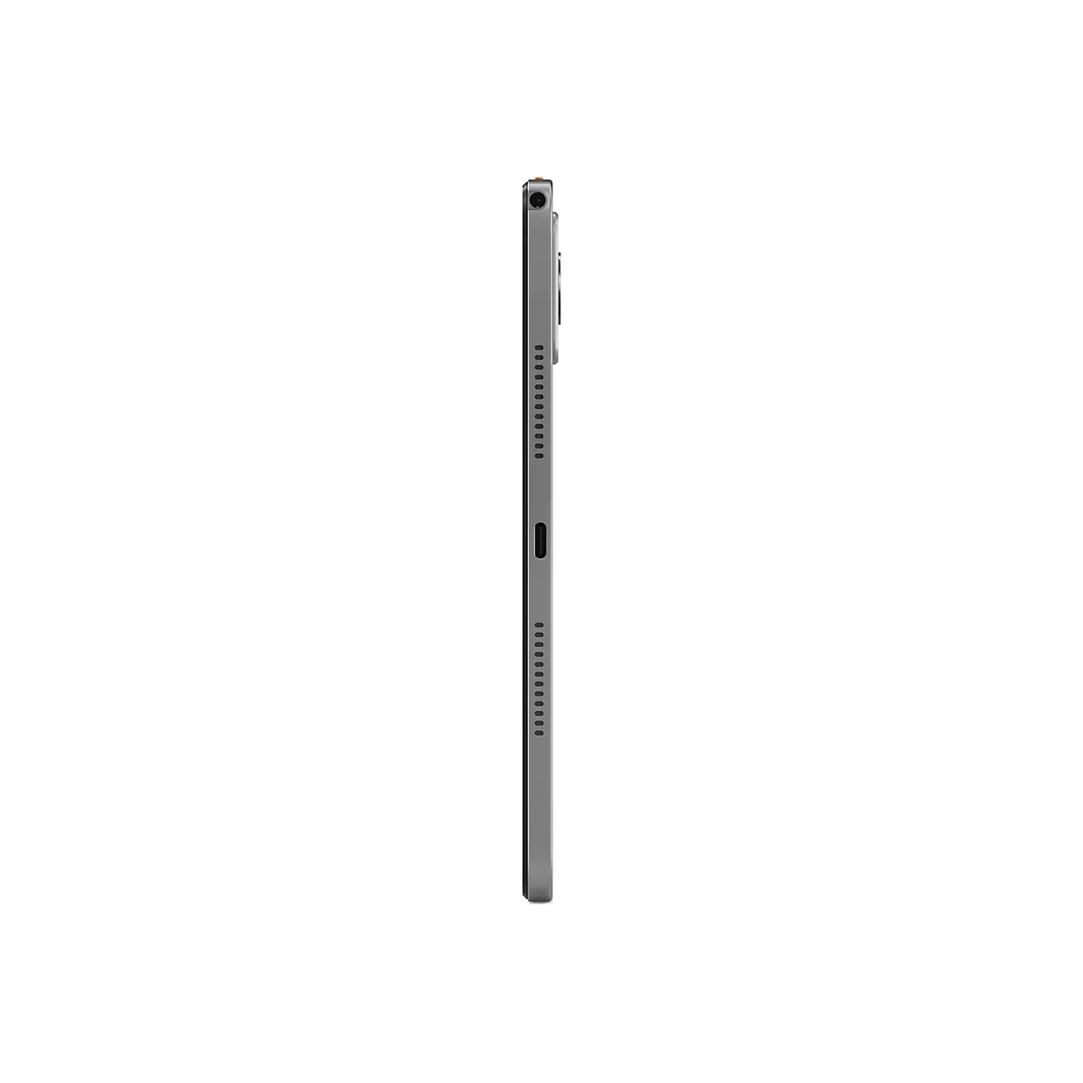Graues Tablet von der Seite, mit LautsprecherÃ¶ffnungen und einem USB-C-Anschluss.