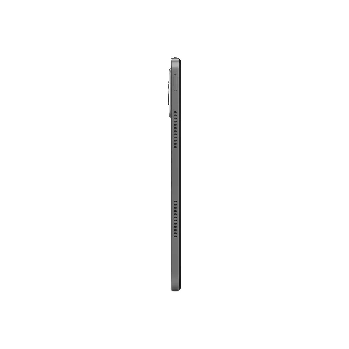 Graues Tablet im Profil, seitlich betrachtet. Die Kanten sind abgerundet, mit Lautsprechern und einer Kamera.