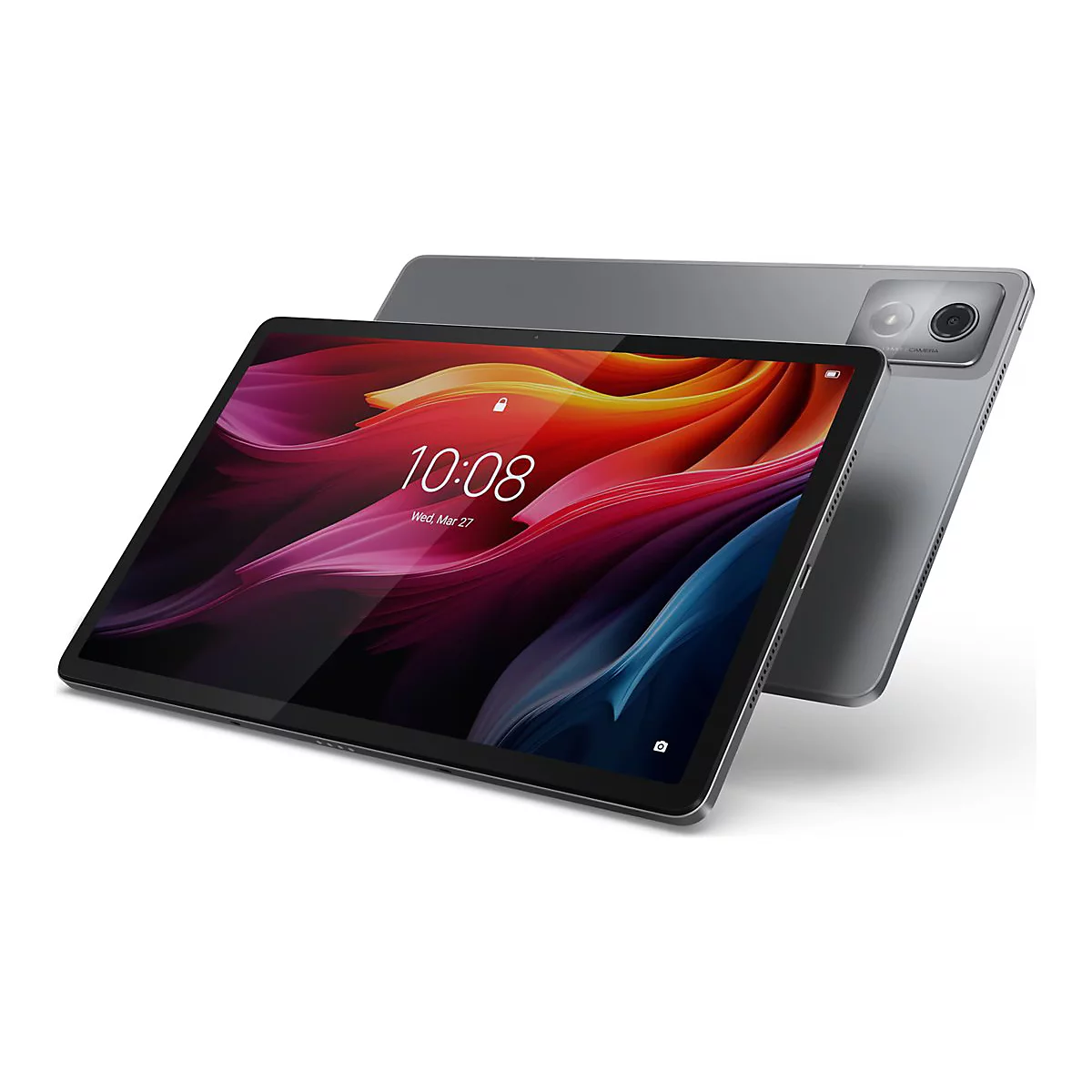 Graues Tablet mit farbenfrohem Display, das Uhrzeit und Datum anzeigt. Im Hintergrund ein zweites Tablet.