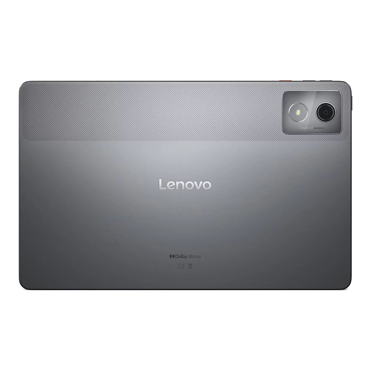 Graues Lenovo Tablet von hinten, Kamera oben rechts. Lenovo-Logo mittig. Dolby Atmos-Schriftzug unten.