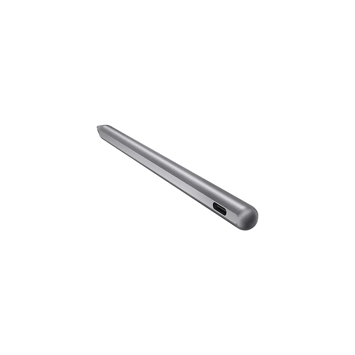 Ein silberner, zylinderförmiger Eingabestift liegt diagonal auf weißem Hintergrund. Er hat eine abgerundete Spitze und einen USB-C-Anschluss.