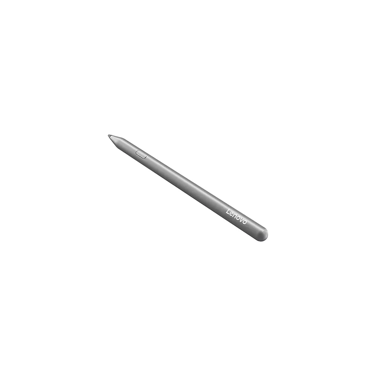 Ein silberner Lenovo Eingabestift mit einer Taste auf einem weißen Hintergrund.