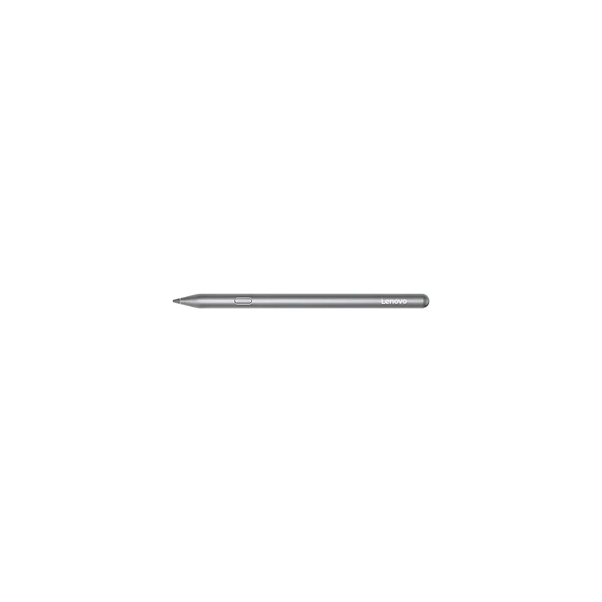 Grauer Lenovo Eingabestift mit Seitentaste vor weißem Hintergrund.