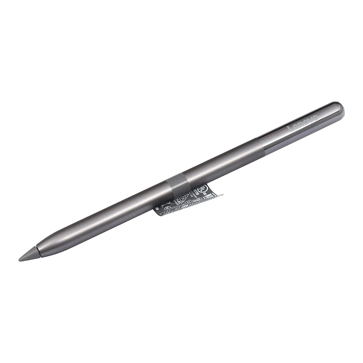 Ein grauer Lenovo Eingabestift liegt schräg vor einem weißen Hintergrund mit einem kleinen Etikett am Schaft.