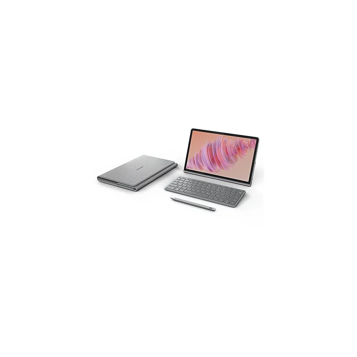 Graues Tablet mit Tastatur, Stift und Hülle auf weißem Untergrund. Das Tablet zeigt ein abstraktes Muster.