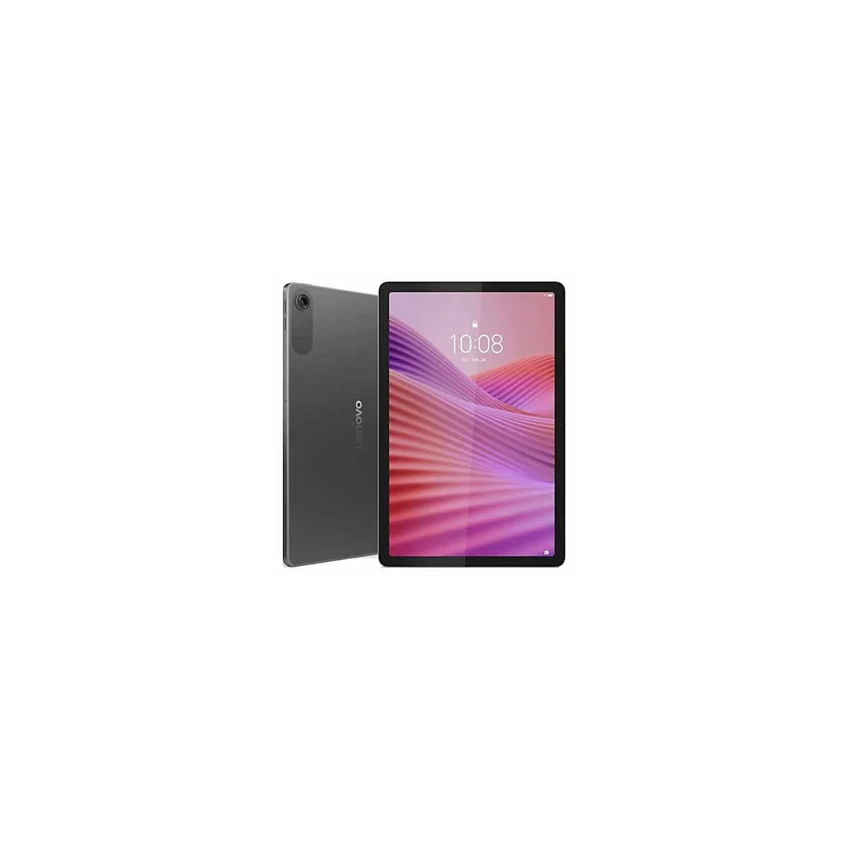 Graues Lenovo Tablet, Display zeigt Uhrzeit und Datum.