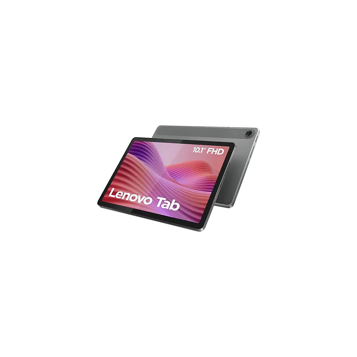 Lenovo Tab Tablet, 10,1 Zoll FHD Display. Im Vordergrund, Bildschirm mit „Lenovo Tab“-Schriftzug, dahinter leicht erhöhtes Tablet.