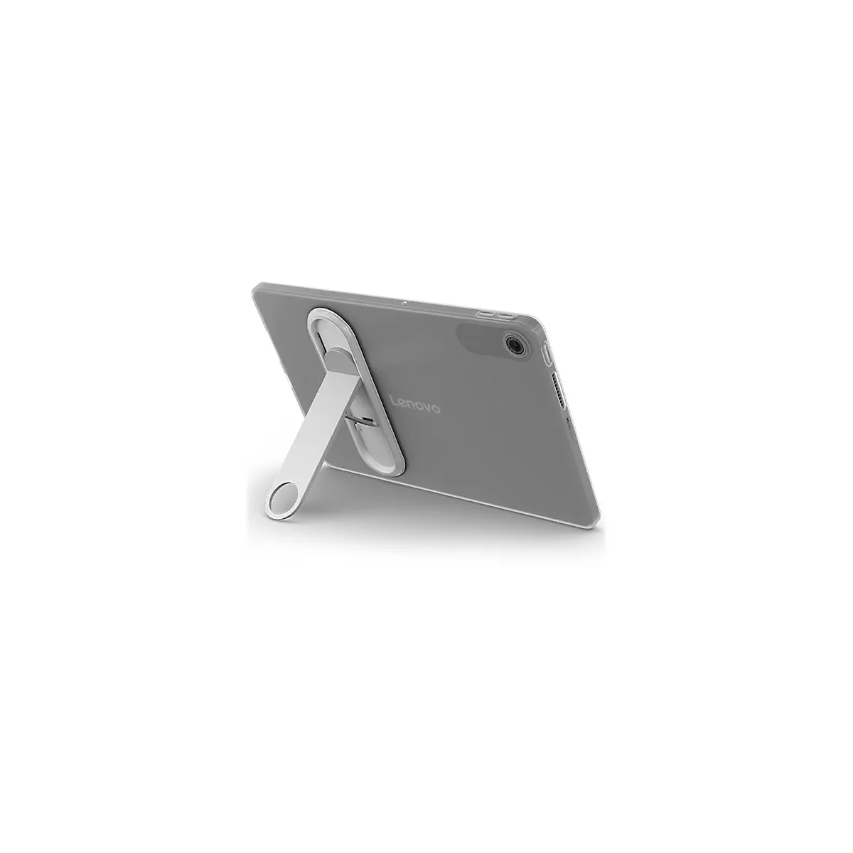 Graues Tablet mit Ständer, Logo 'Lenovo'. Rückansicht, auf weißem Hintergrund.