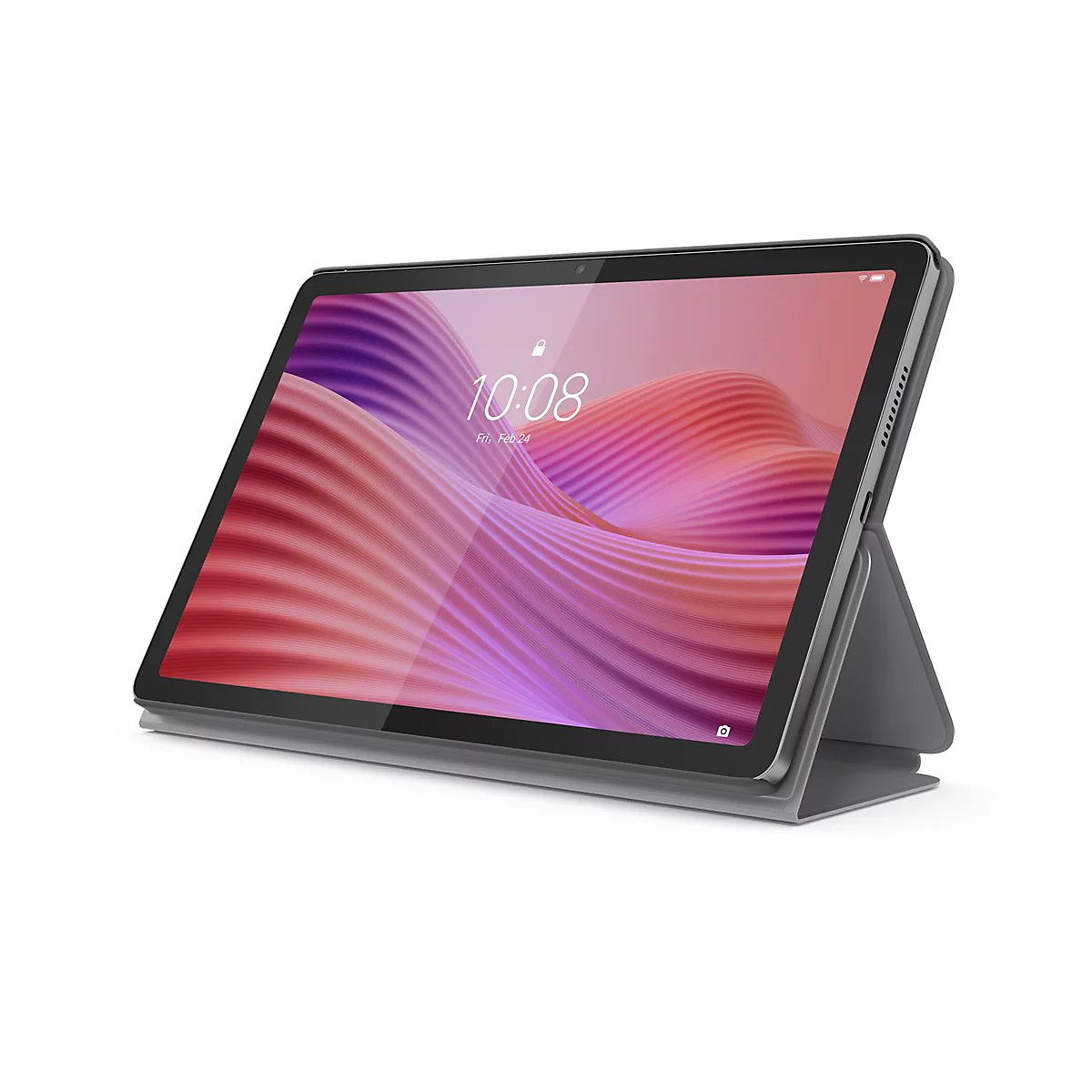 Graues Tablet mit angebrachter Hülle, die als Ständer dient. Auf dem Bildschirm sind Uhrzeit und Datum abgebildet.
