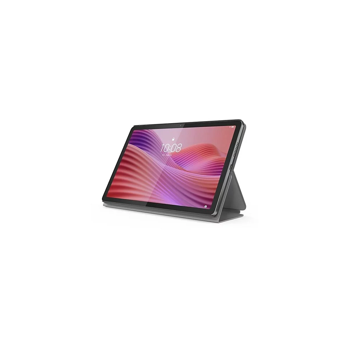 Graues Tablet mit Schutzhülle; Bildschirm zeigt wellenförmiges Hintergrundbild und die Uhrzeit 10:08 an.