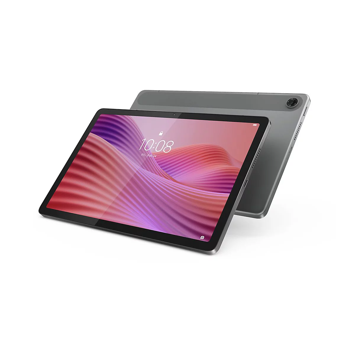 Graues Tablet, das leicht schräg liegt. Auf dem Display ist die Uhrzeit 10:08, Fr. Feb 24 zu sehen.