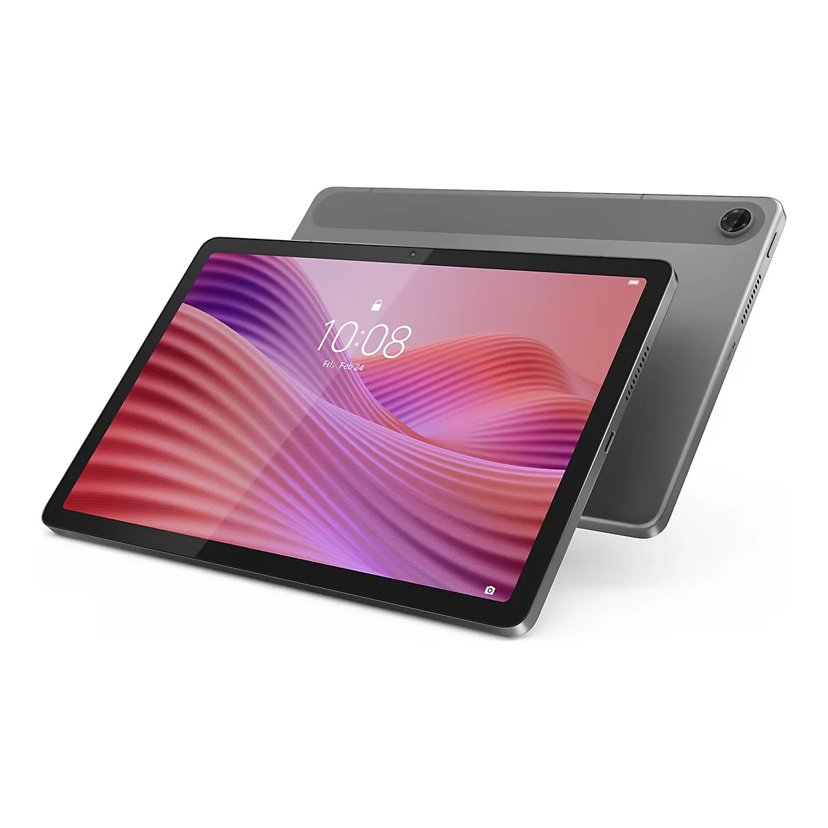 Ein graues Tablet mit pinkfarbenem Bildschirm, zeigt 10:08 Uhr. Ein weiteres Tablet ist im Hintergrund zu sehen.