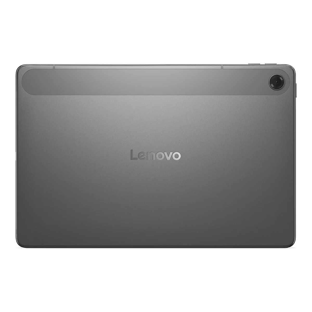 Graues Tablet, RÃ¼ckseite. Lenovo-Logo mittig, Kamera oben rechts.