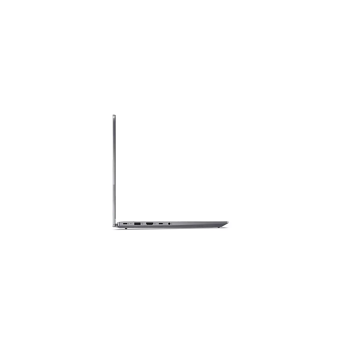 Grauer Laptop im Profil. Der Bildschirm ist geöffnet.