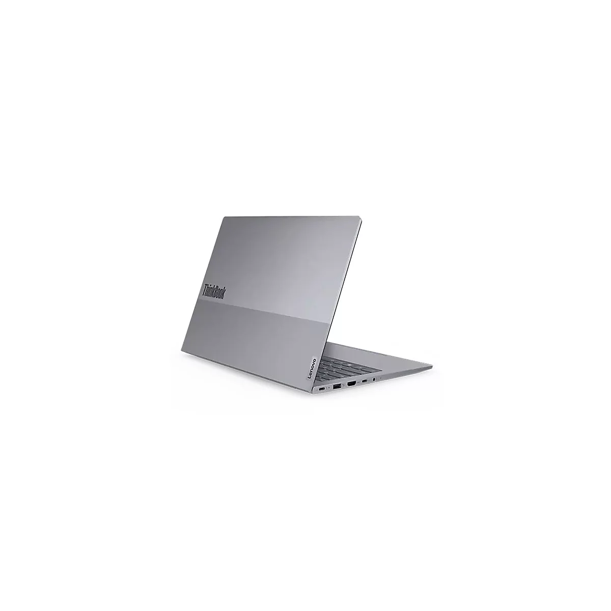 Grauer Laptop ThinkBook, leicht geöffnet, auf weißem Hintergrund.