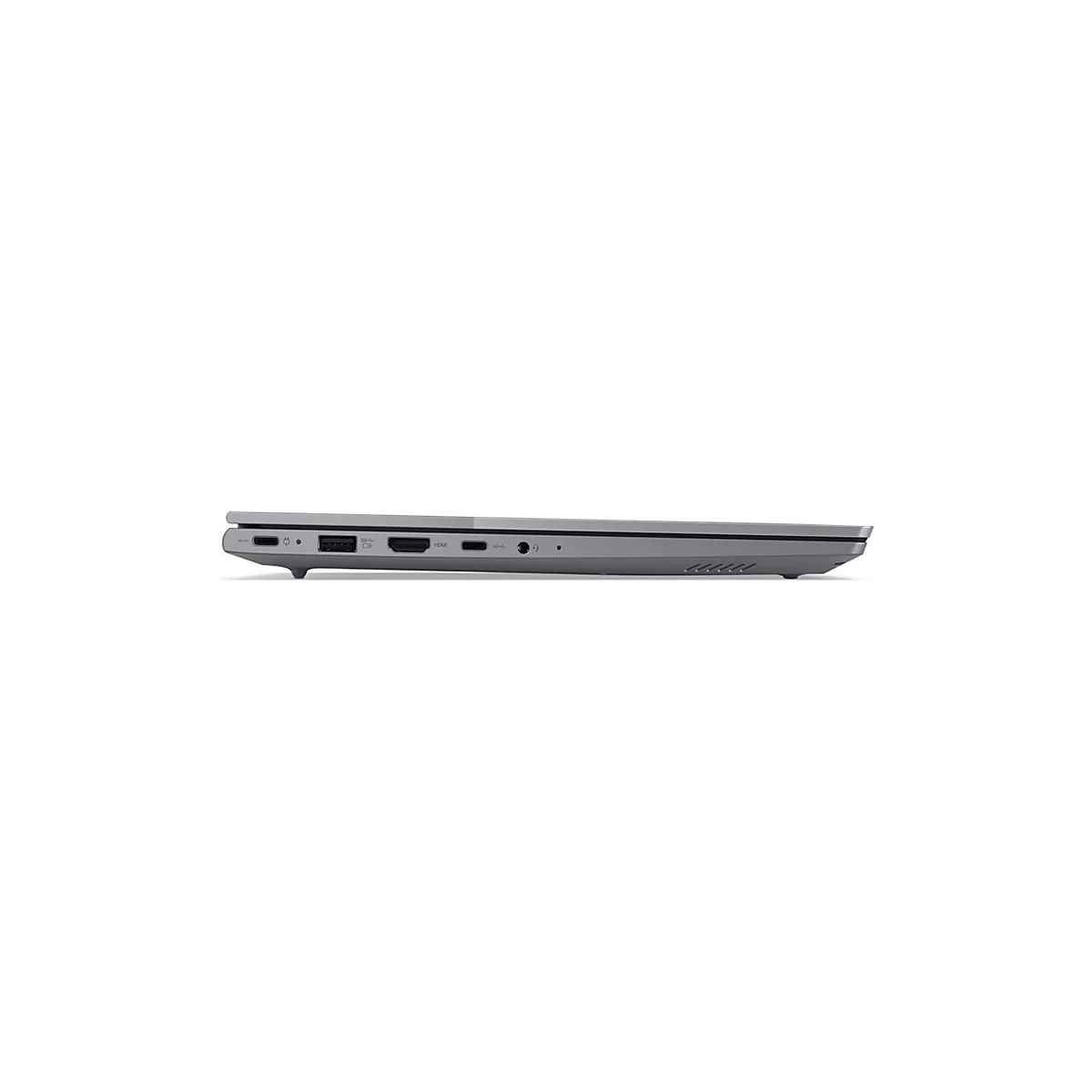 Grauer Laptop im Profil. Die linke Seite zeigt AnschlÃ¼sse, die rechte Seite LÃ¼ftungsschlitze.