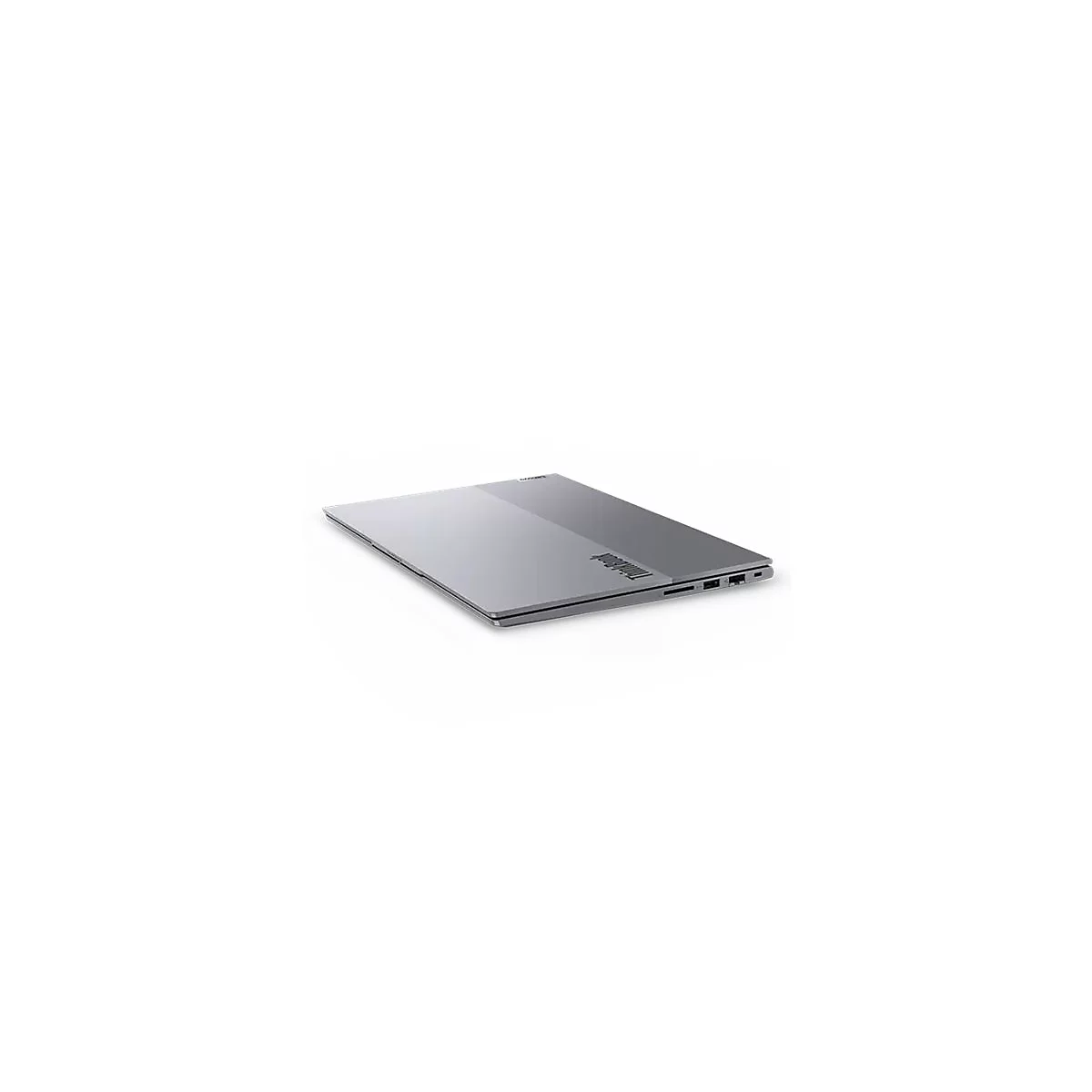 Graues Laptop ThinkBook, leicht angewinkelt, auf weißem Grund.